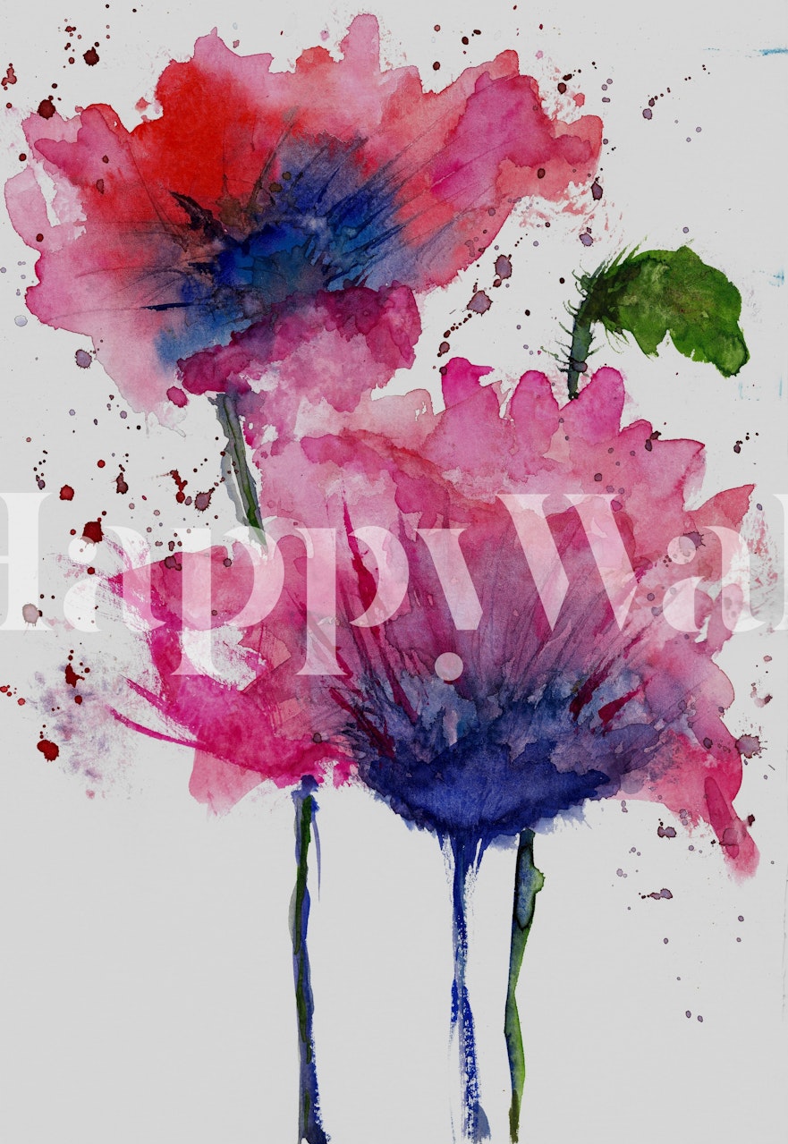 Abstrakte akvarel tulipaner i nuancer af pink og blå på et vægmaleri