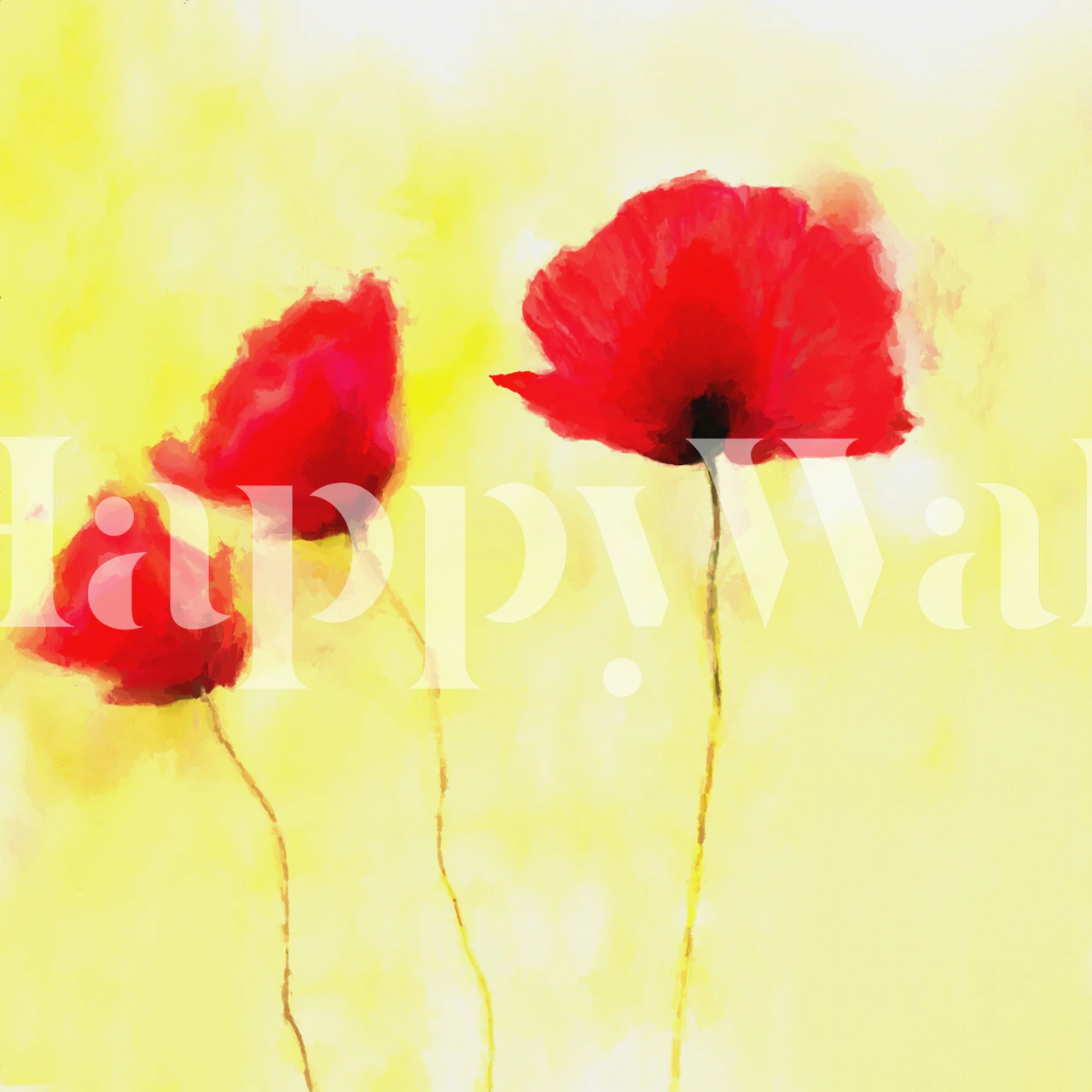 Fotomural vinílico de parede de papoulas vermelhas com fundo aquarela amarelo