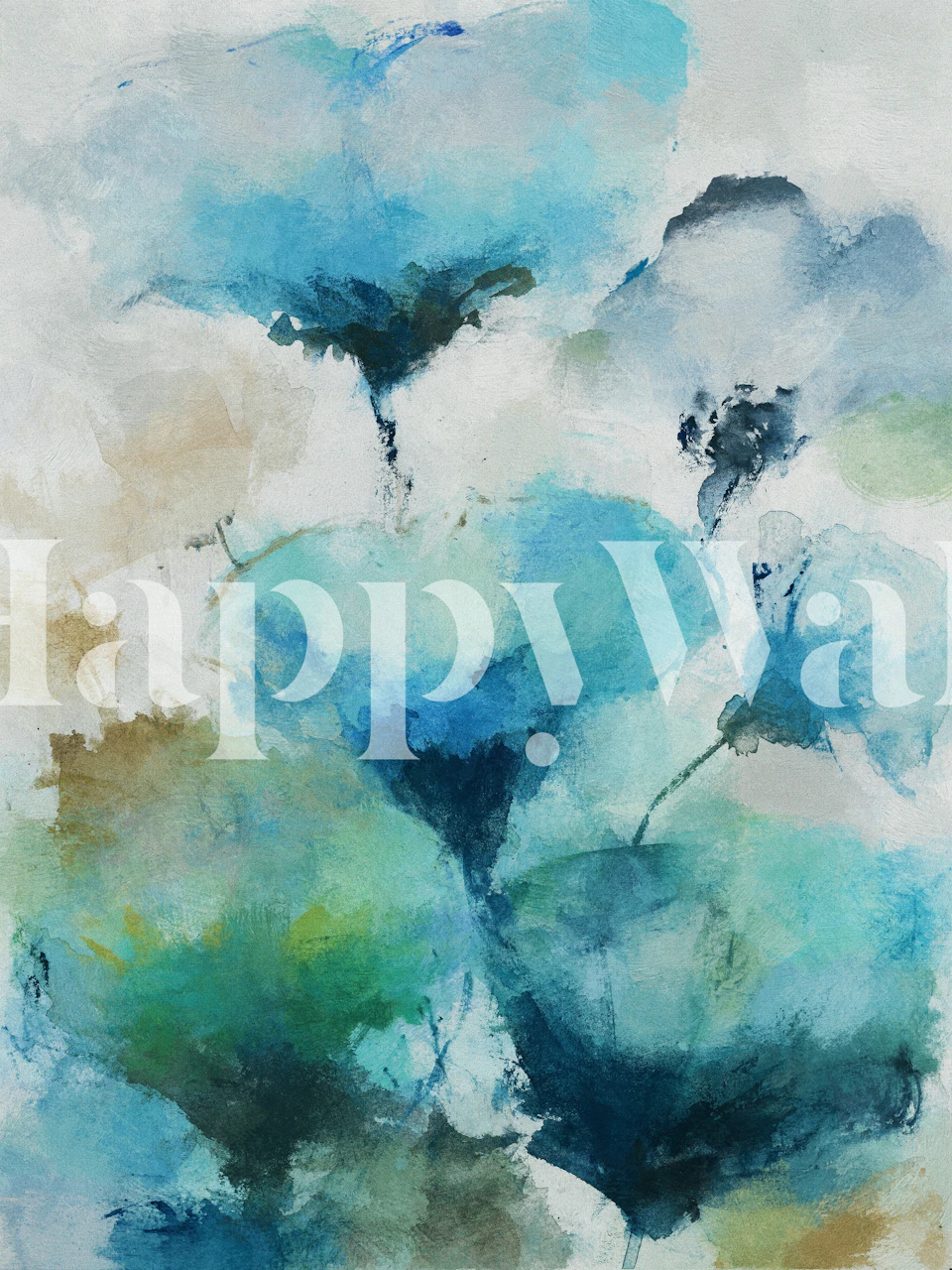 Fotomural vinílico de parede floral azul abstrato com texturas suaves de aquarela