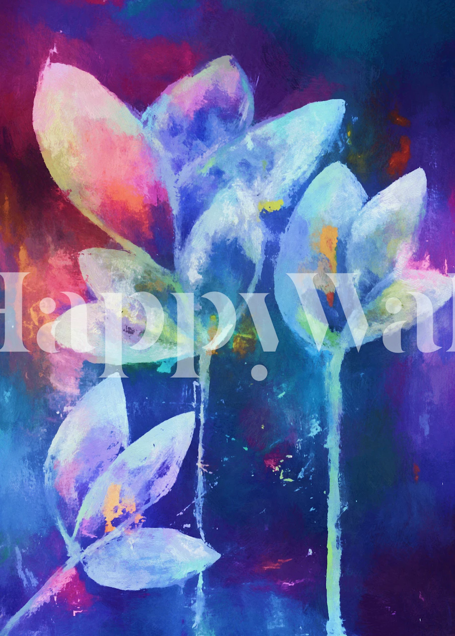 Colorful abstract floral design in blue, pink, and purple wallpaper