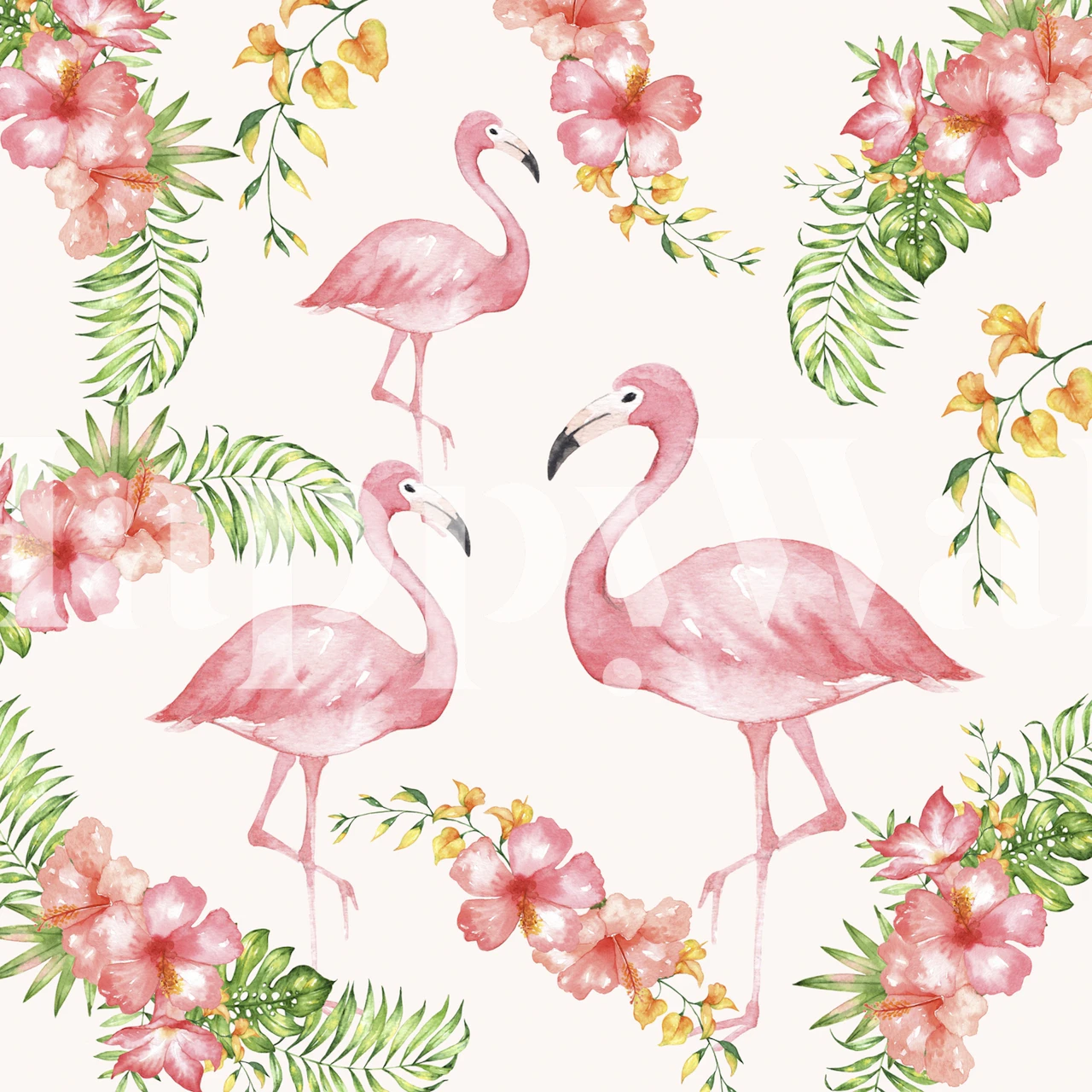 Pink flamingos, green leaves, and floral patterns wallpaper