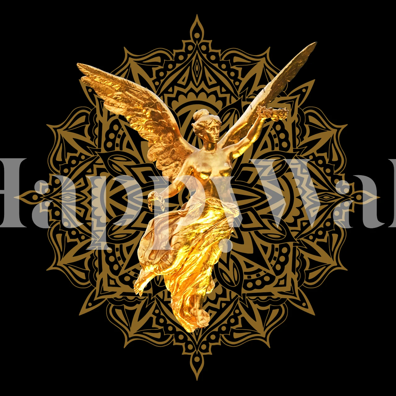 Golden Angel wall mural with mandala pattern