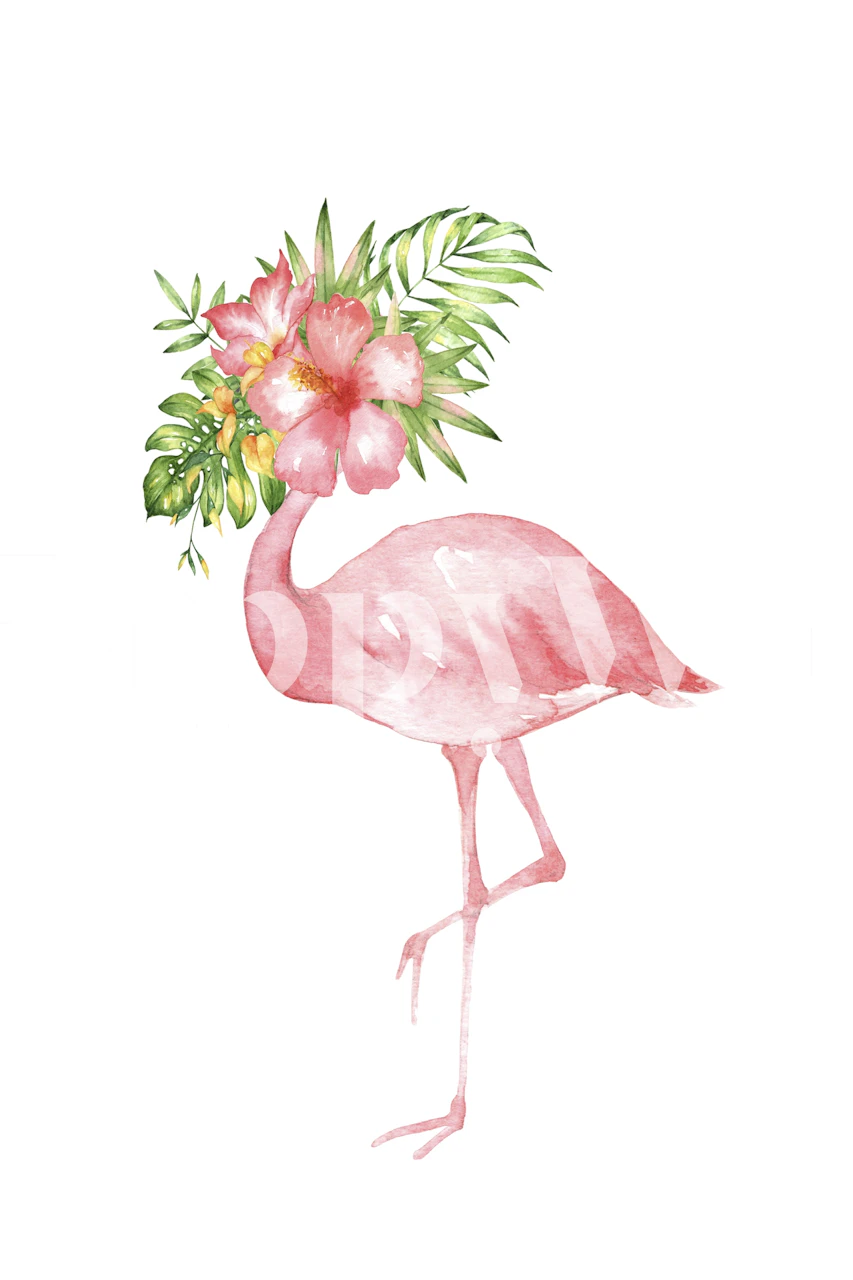 Pink flamingo with tropical flowers and greenery wallpaper