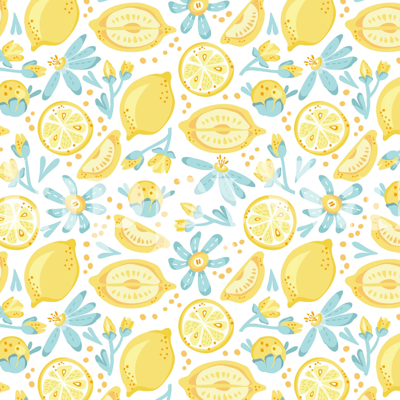 Yellow lemons and blue flowers pattern wallpaper