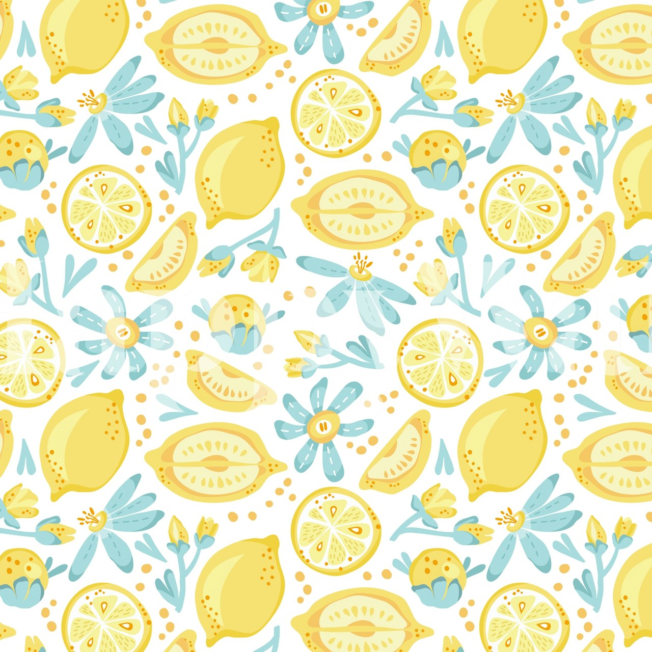 Yellow lemons and blue flowers pattern wallpaper