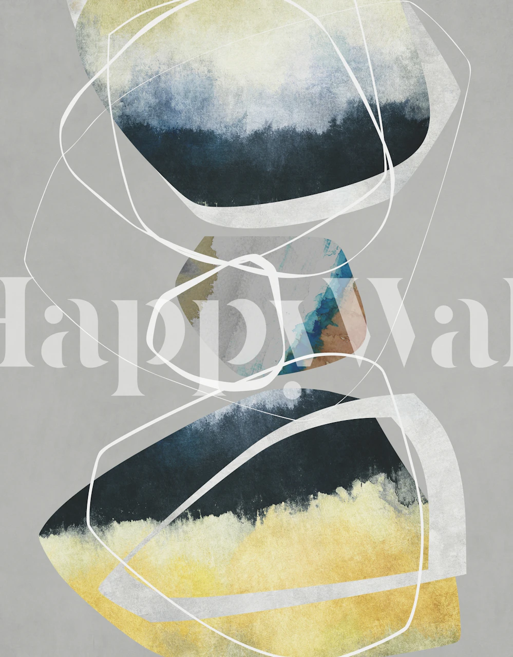 Abstract organic shapes wall mural with white outlines on gray background