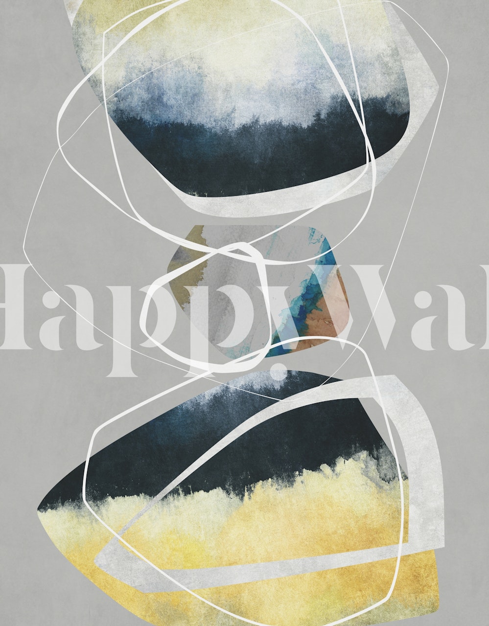 Abstract organic shapes wall mural with white outlines on gray background