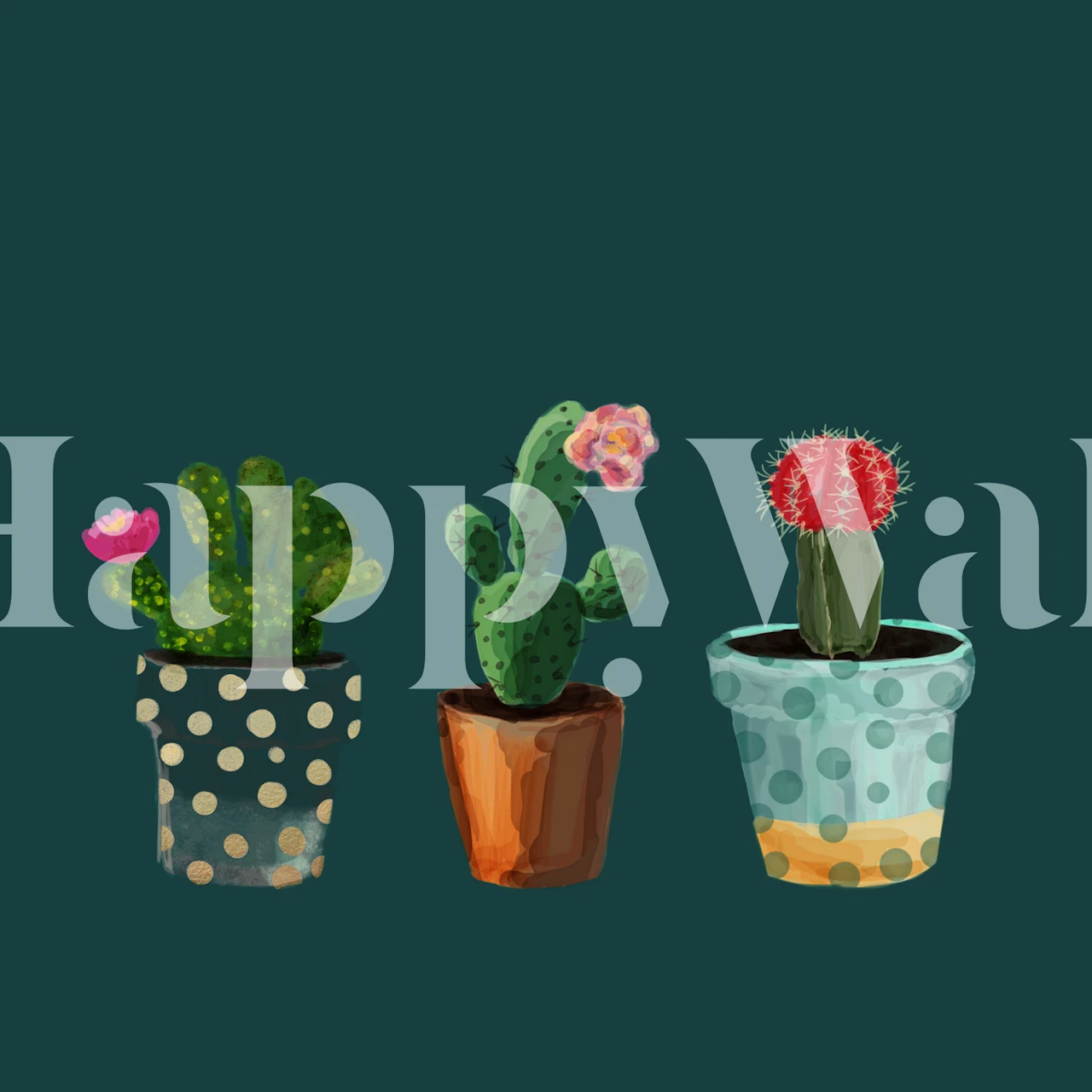 Three cacti in pots with polka dots on a dark green wallpaper