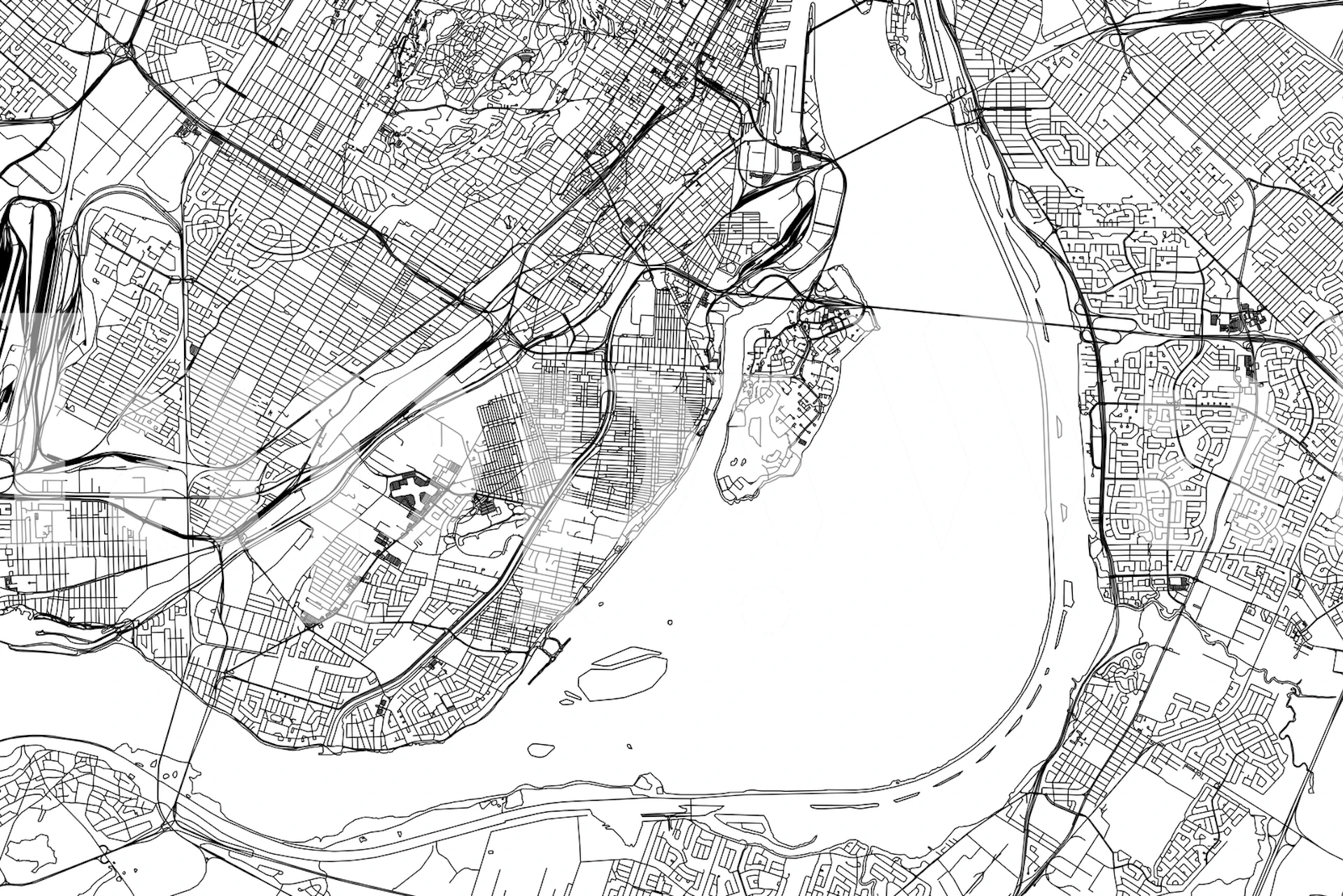 Montreal map in black and white wallpaper showing streets and areas