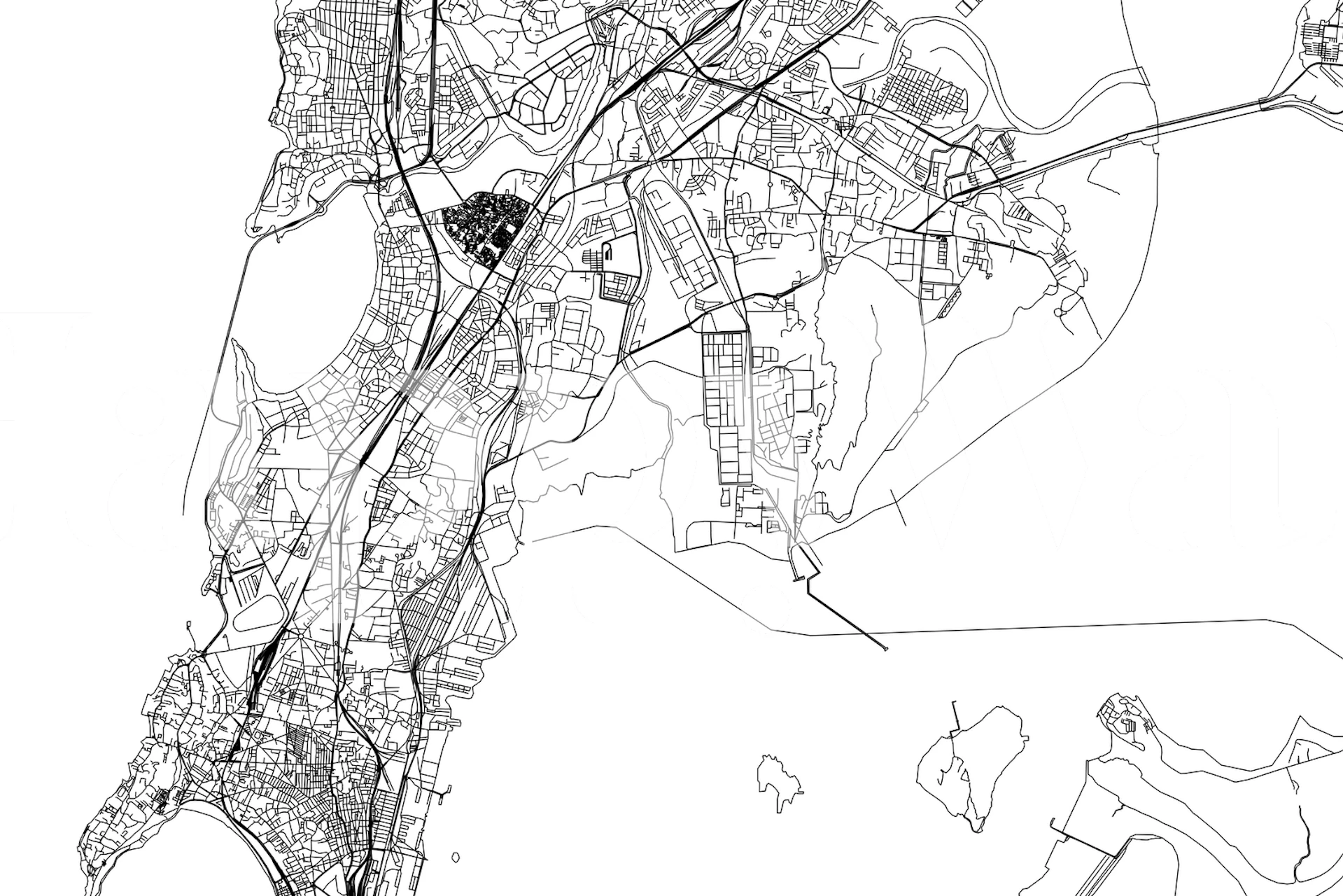 Black and white city map with roads and landmarks wallpaper