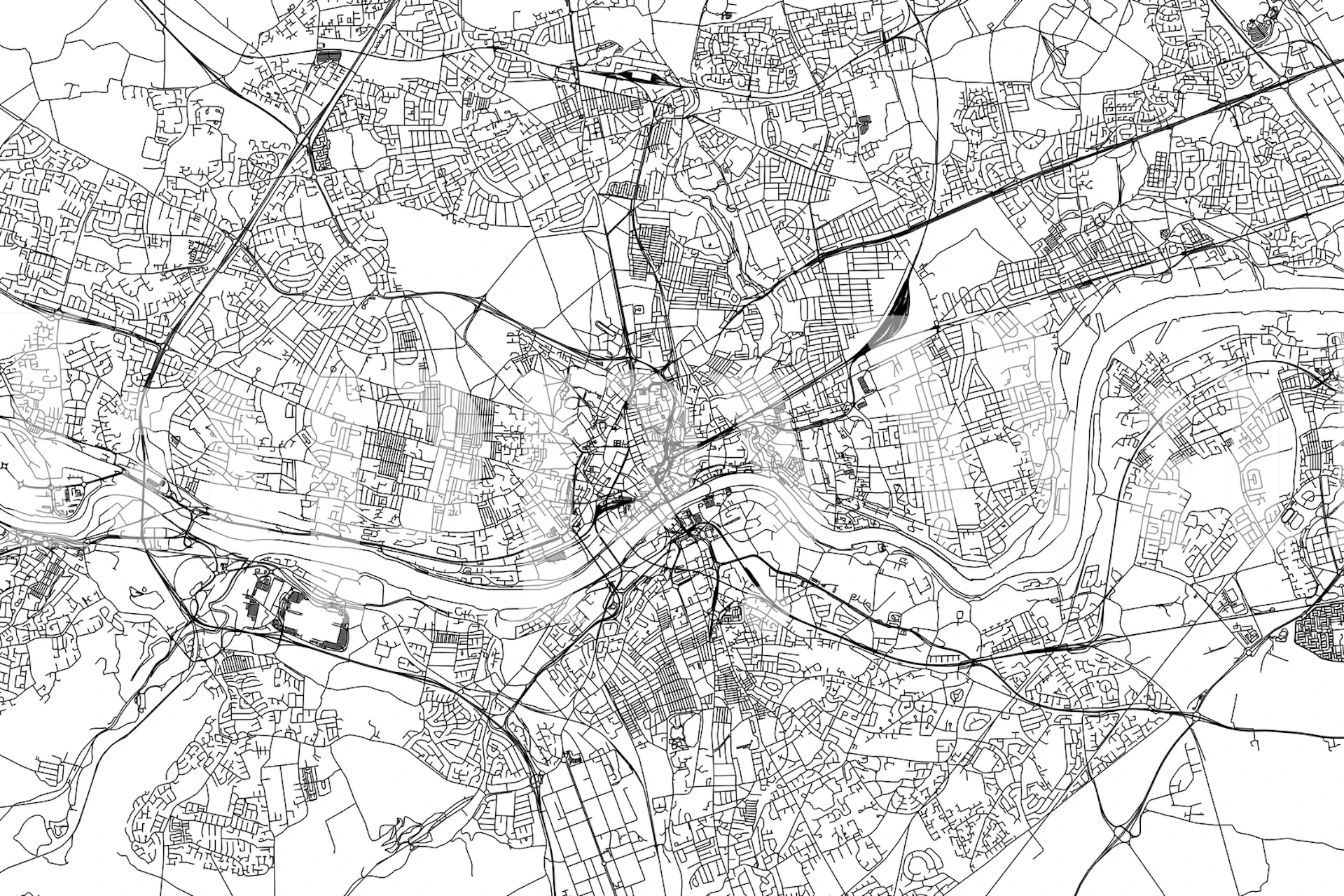 Black and white detailed map of Newcastle wallpaper