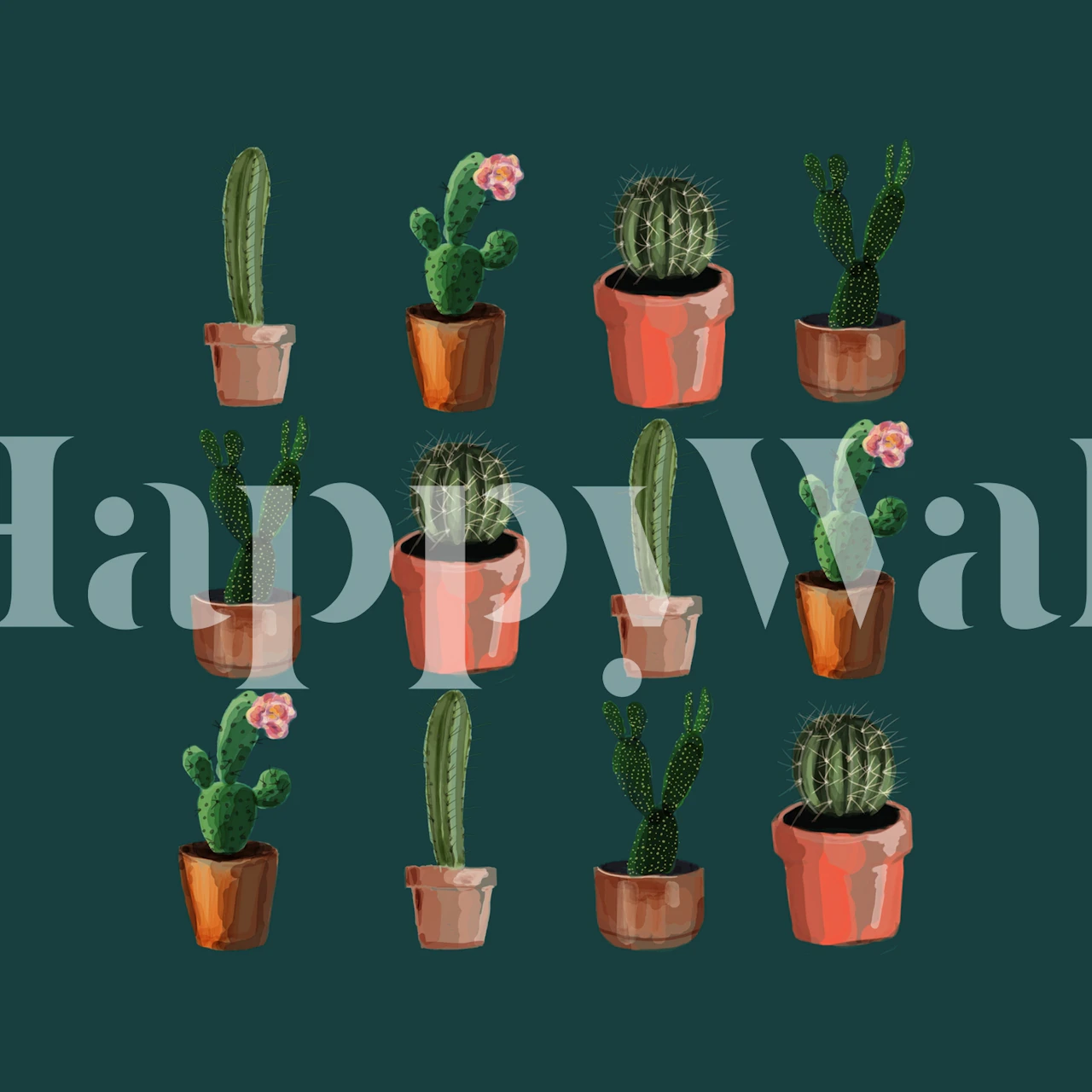 Assorted green cacti in terra cotta pots wall mural on dark background