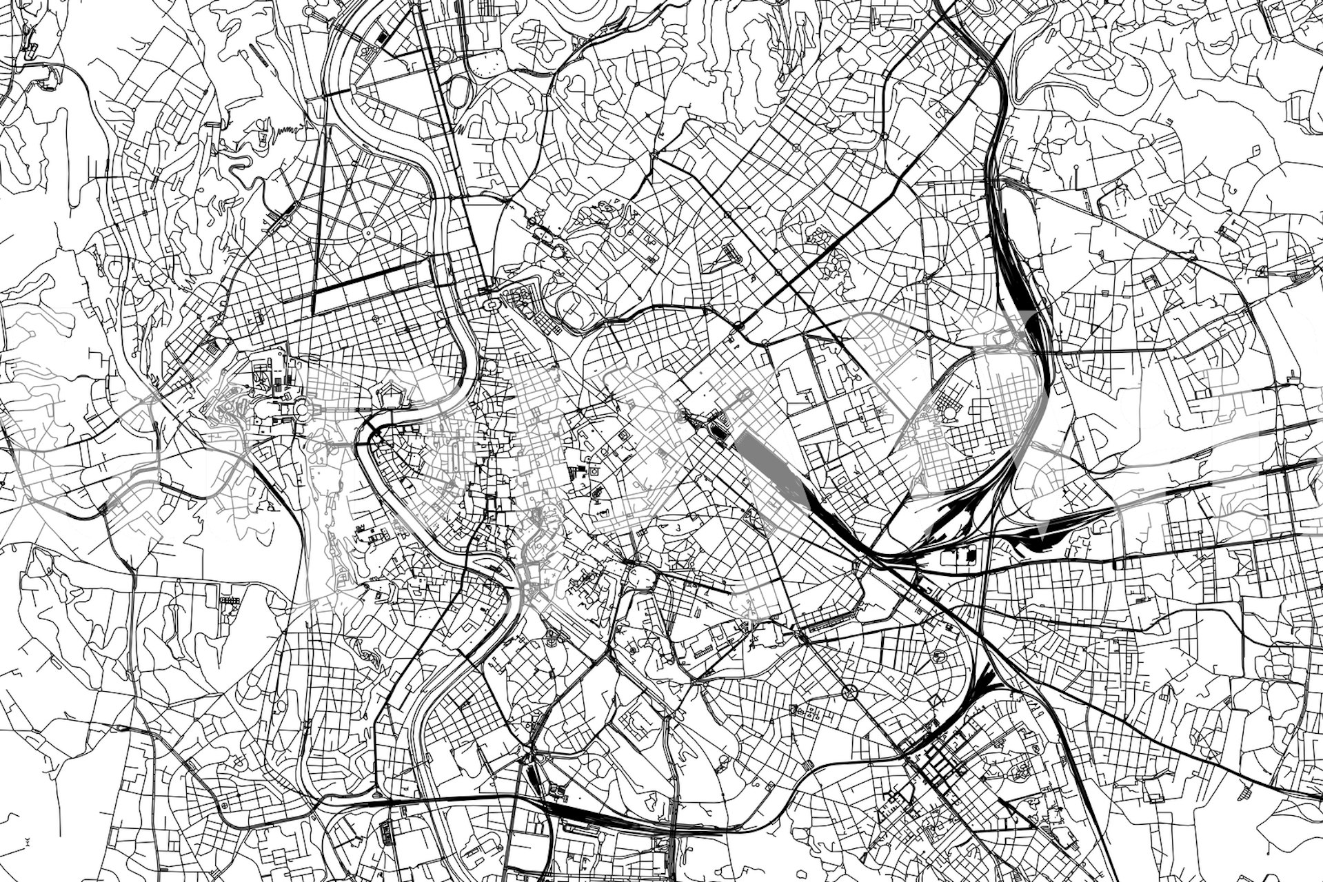 Black and white Rome map wallpaper, detailed streets, urban design
