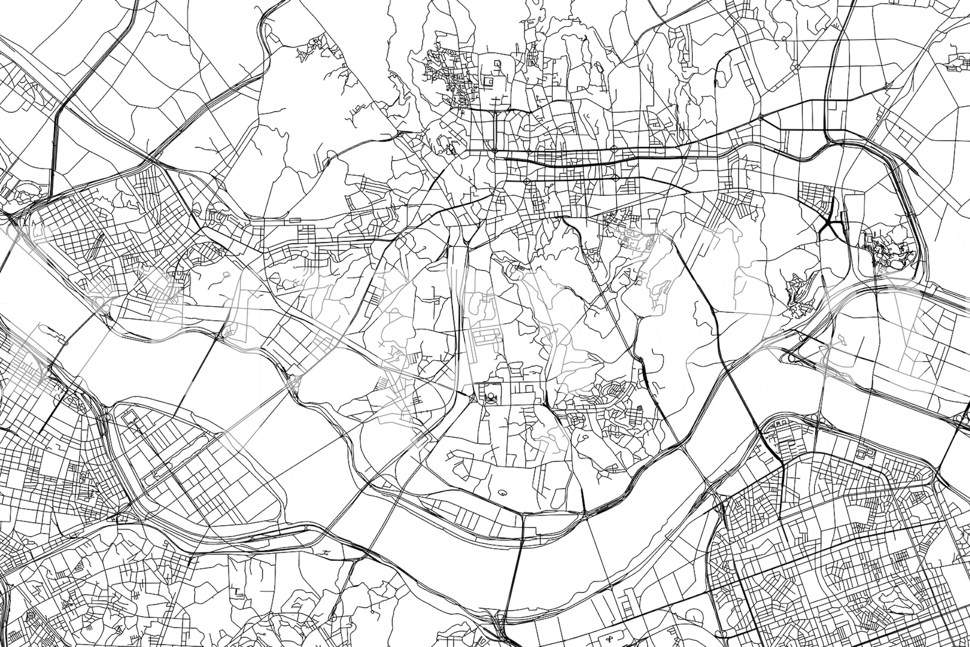 Stylized black and white map of Seoul for wall mural