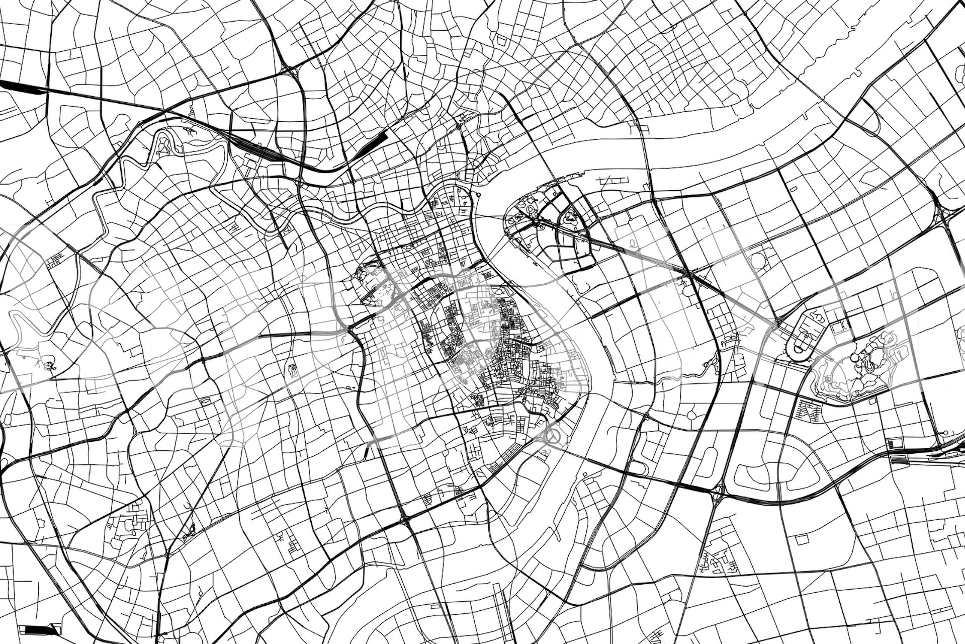 Black and white map of Shanghai with intricate street patterns wallpaper