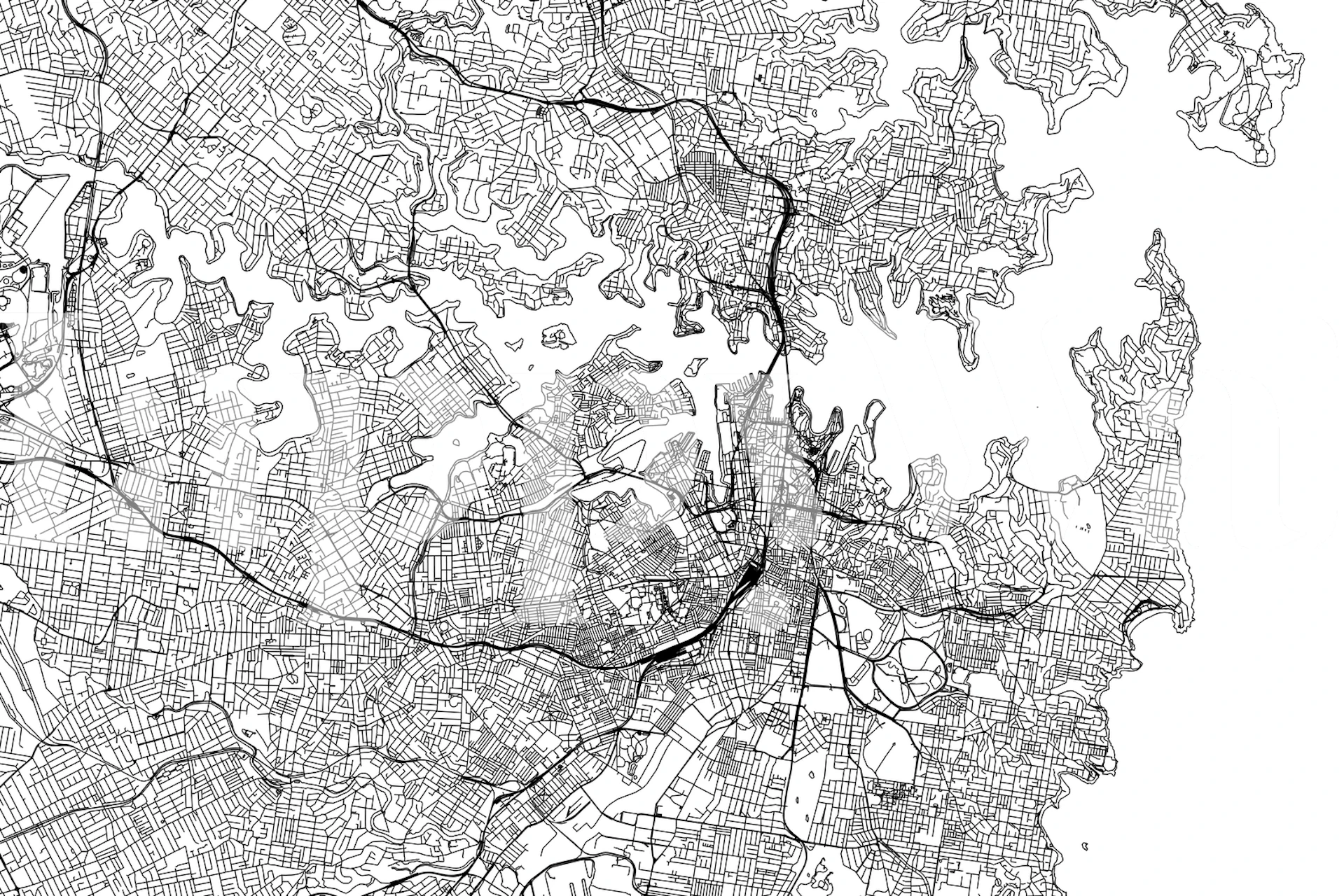 Black and white detailed map of Sydney city wallpaper