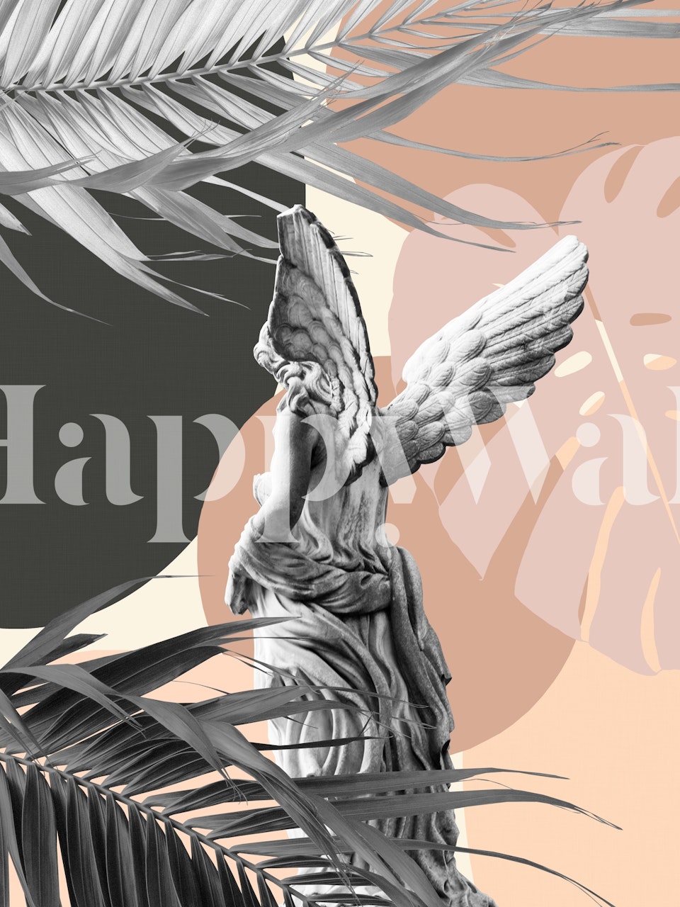 Black and white angel statue with palm leaves and abstract background wallpaper