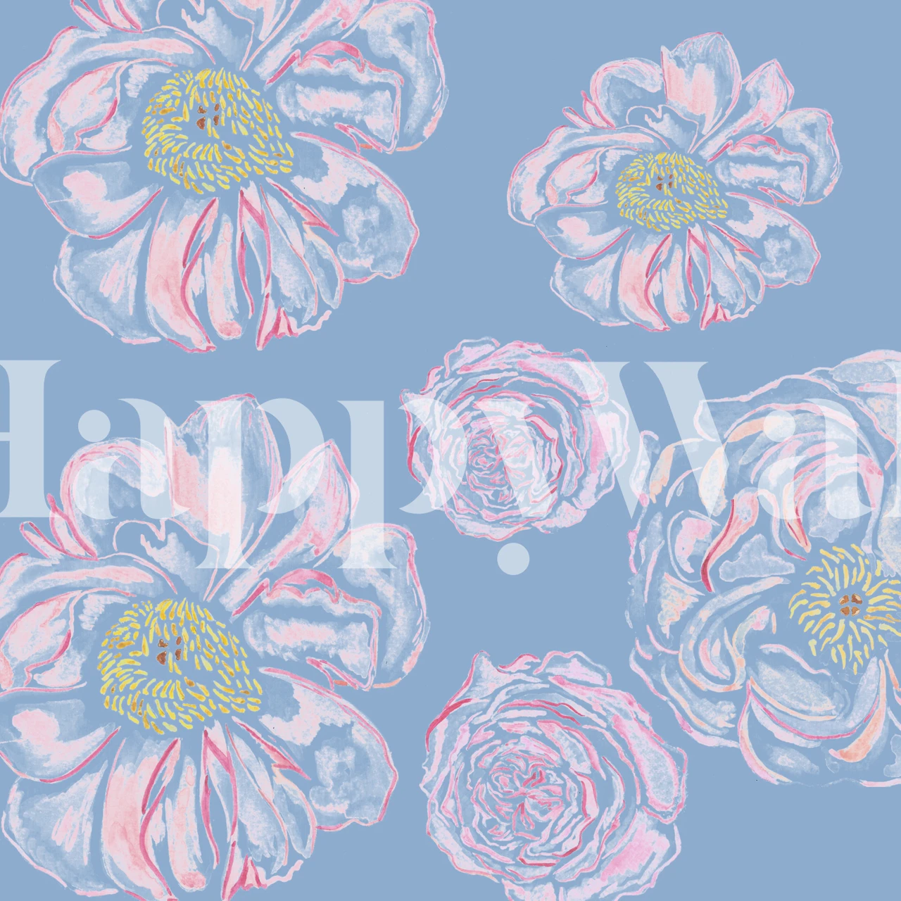 Flores abstractas estilizadas en tonos de azul, rosa y lila con detalles en amarillo en el mural de la pared