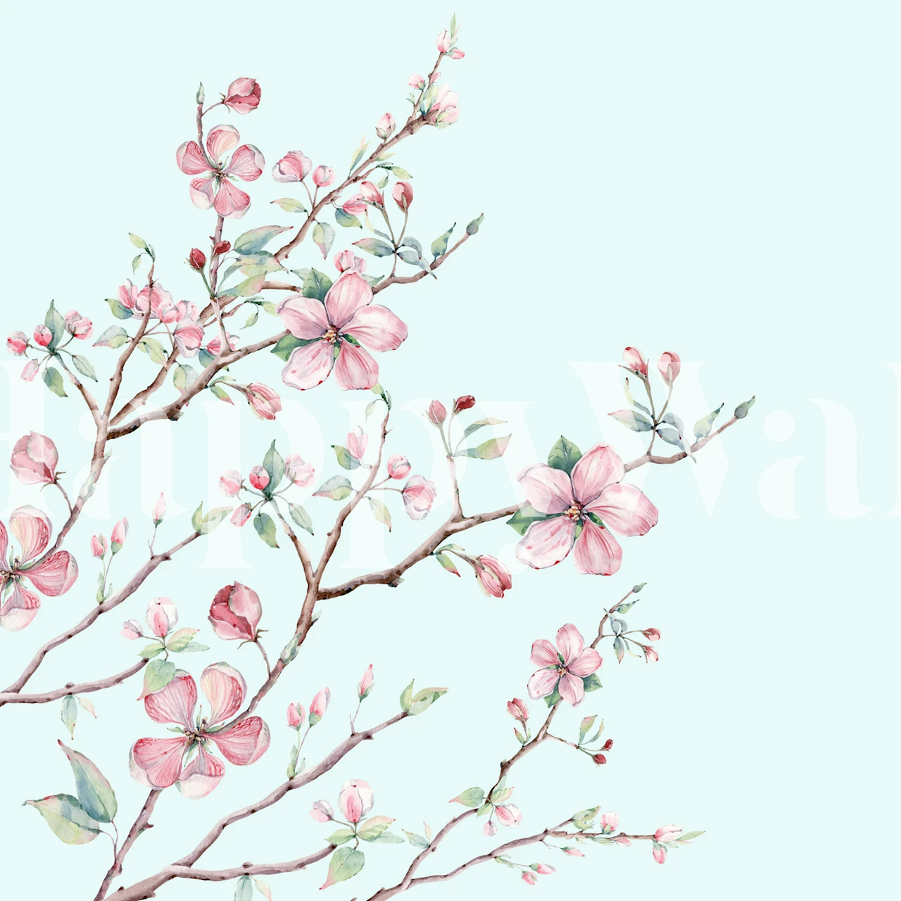 Pink floral branches with mint background wallpaper