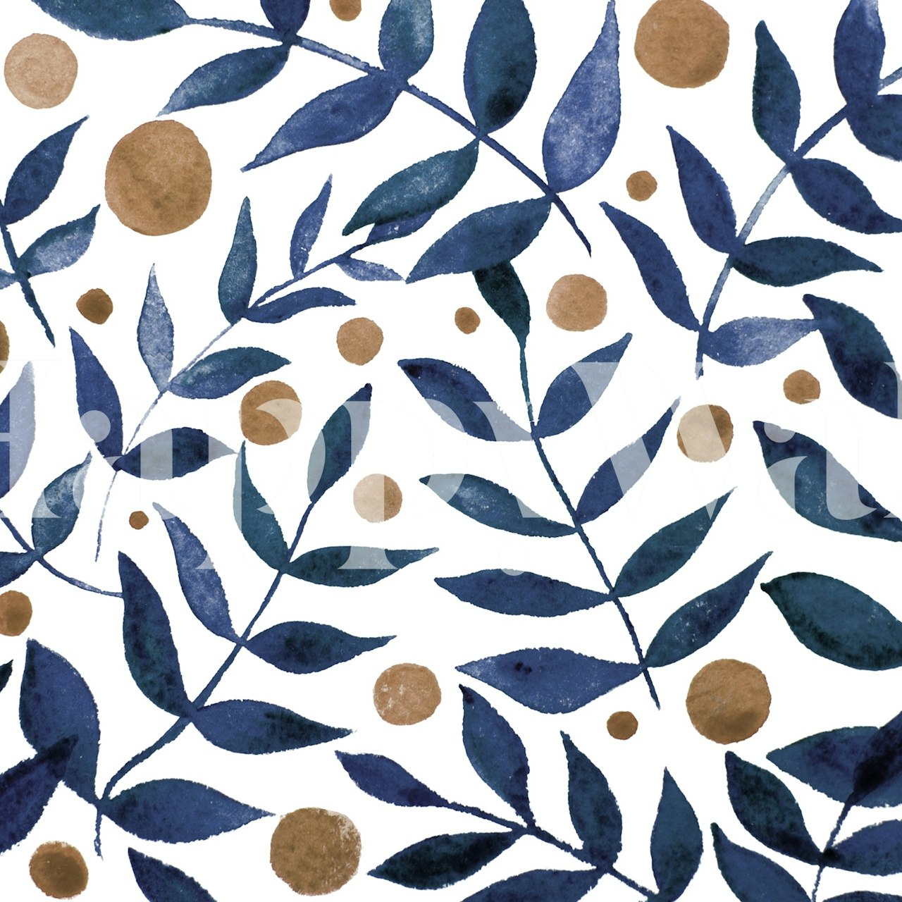 Indigo branches and berries in blue and gold wallpaper