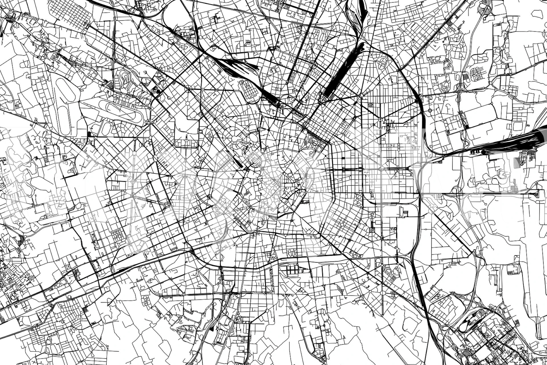 Fototapeta Černobílá podrobná pouliční mapa Milána