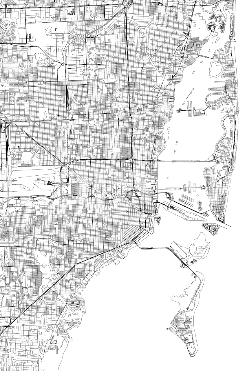 Mappa dettagliata in bianco e nero del murale di Miami