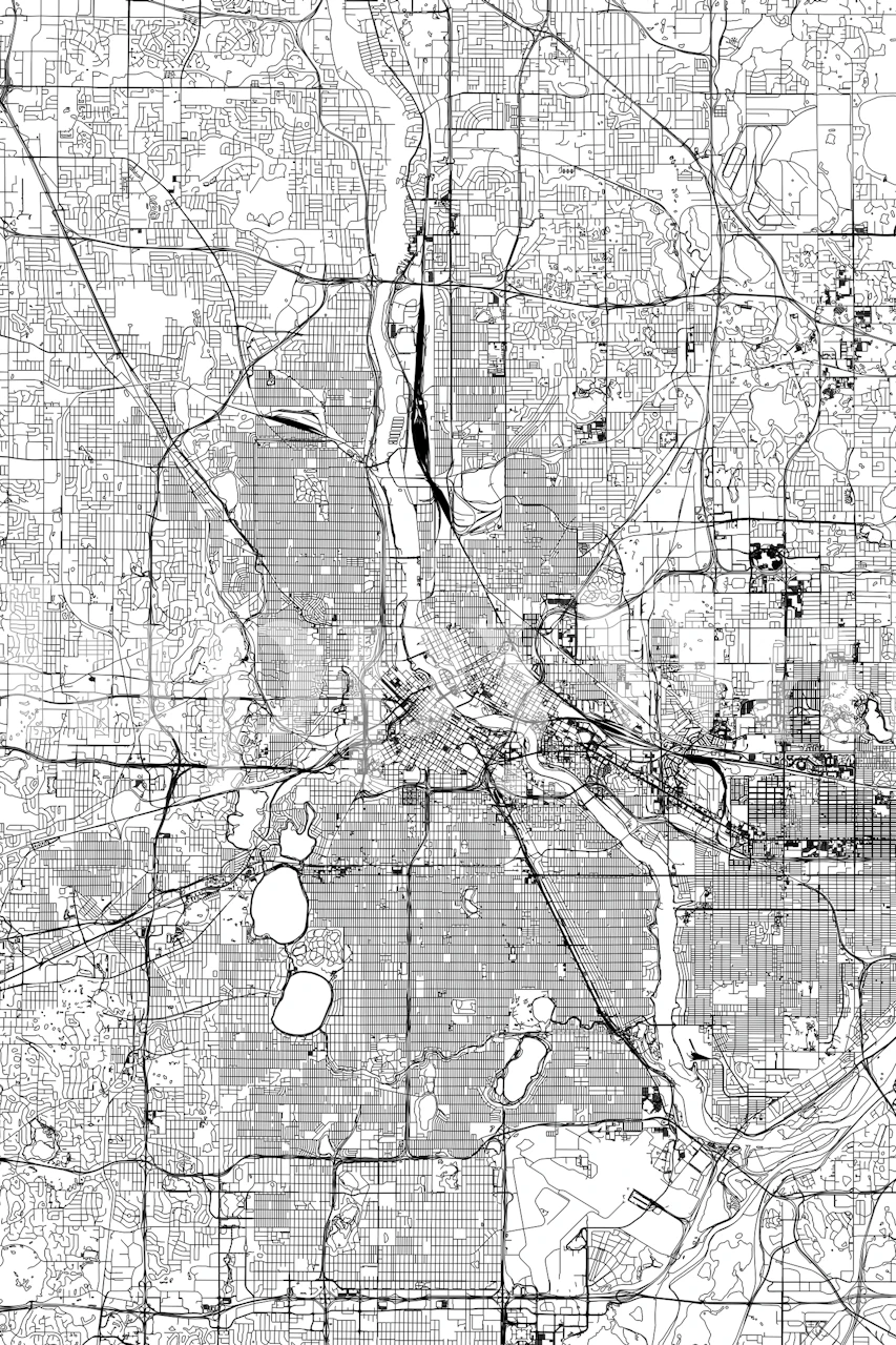 Minneapolis city map outlines in black and white wallpaper