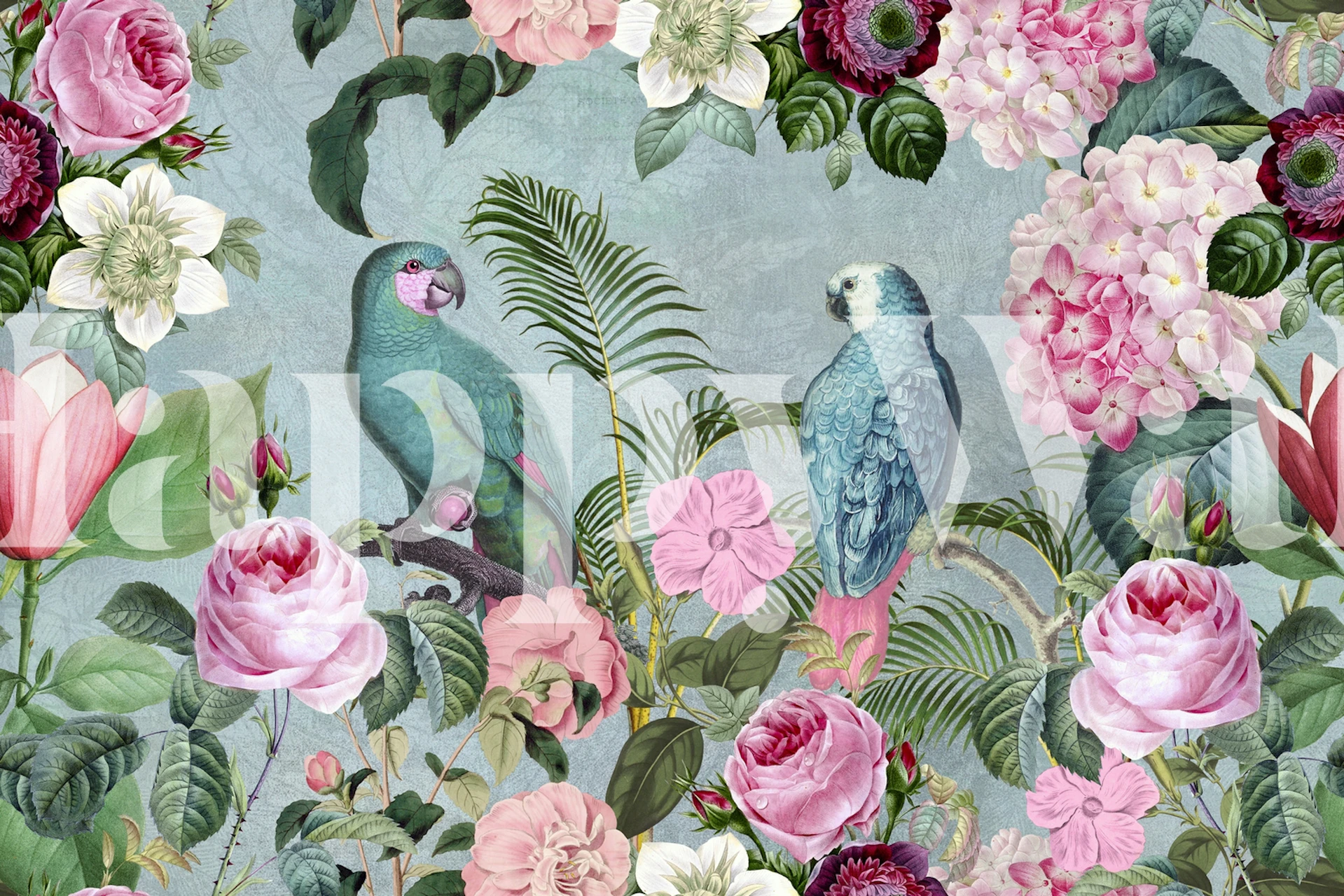 Zidni mural pastelnih boja na temu džungle s tropskim pticama među bujnom florom