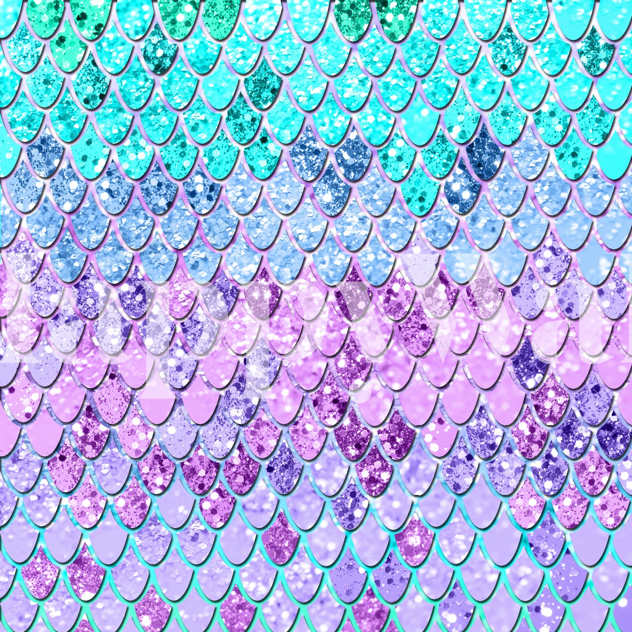 Iridescent mermaid scale pattern wall mural with aqua blues and purples and a glitter effect