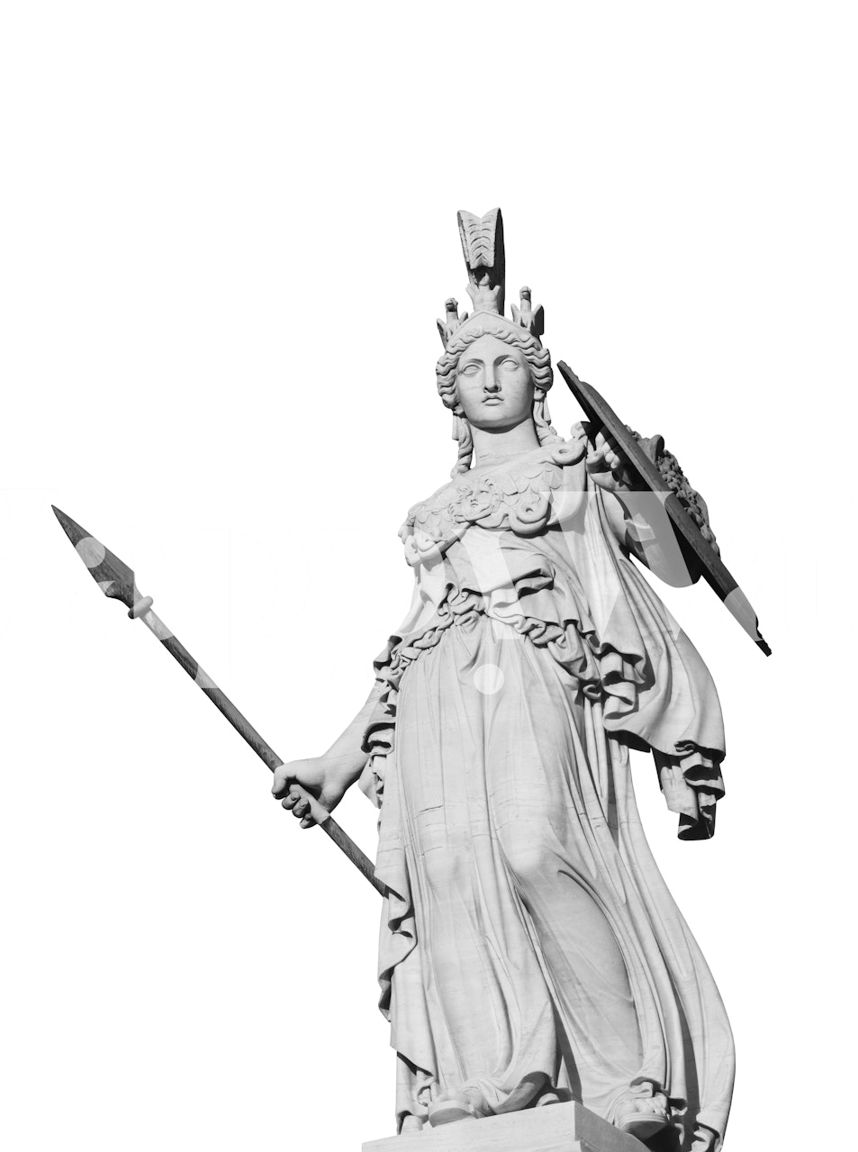 Athena, déesse de la sagesse, papier peint représentant la statue classique de la déesse grecque avec une lance et un casque sur un fond blanc.