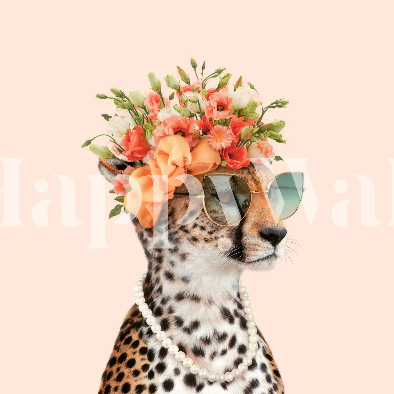 Floral cheetah with sunglasses on a light pink background wallpaper