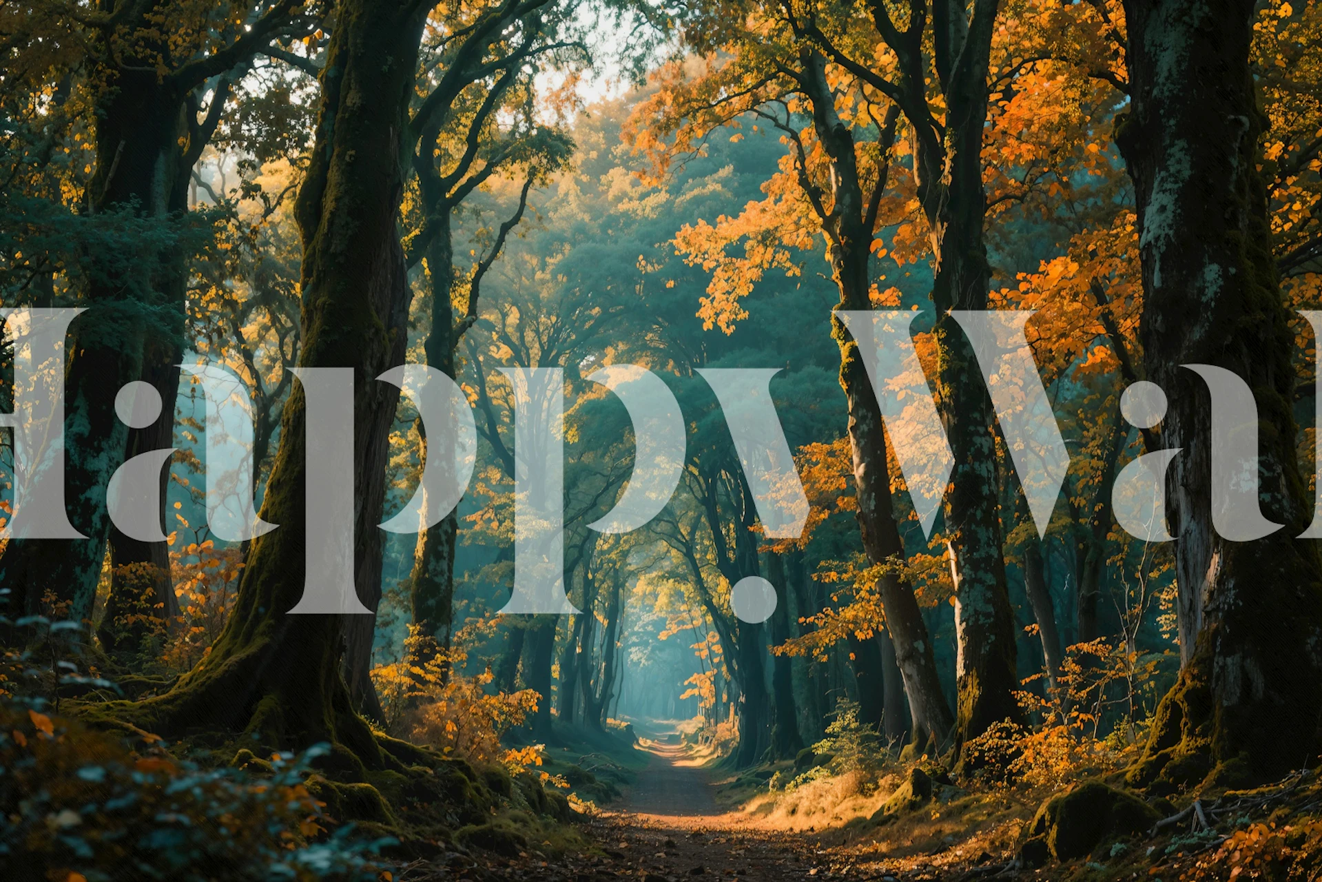 Forest mist with tall trees and soft light wallpaper