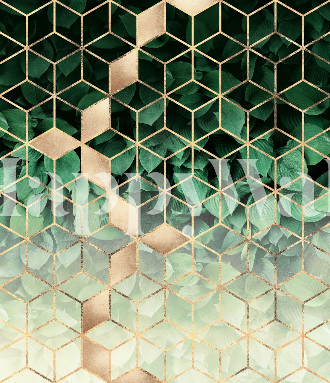 Green leaf pattern with golden geometric cubes wallpaper