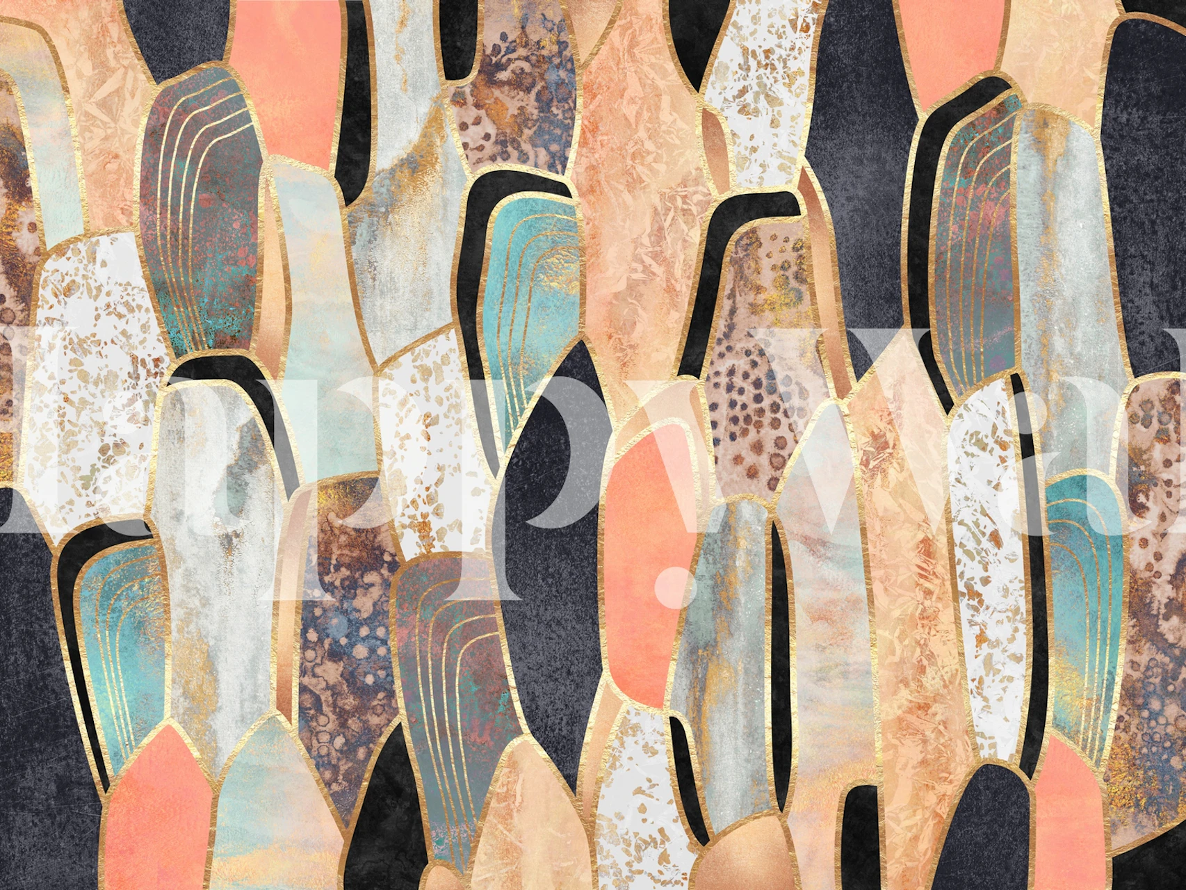 Colorful abstract stone pattern in shades of peach, gold, and black wallpaper