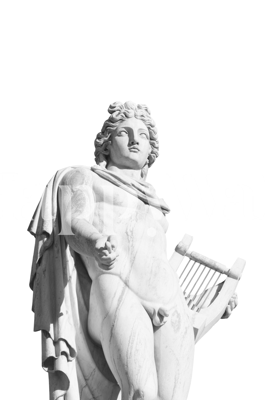 Black and white wallpaper featuring a statue of Apollo holding a lyre