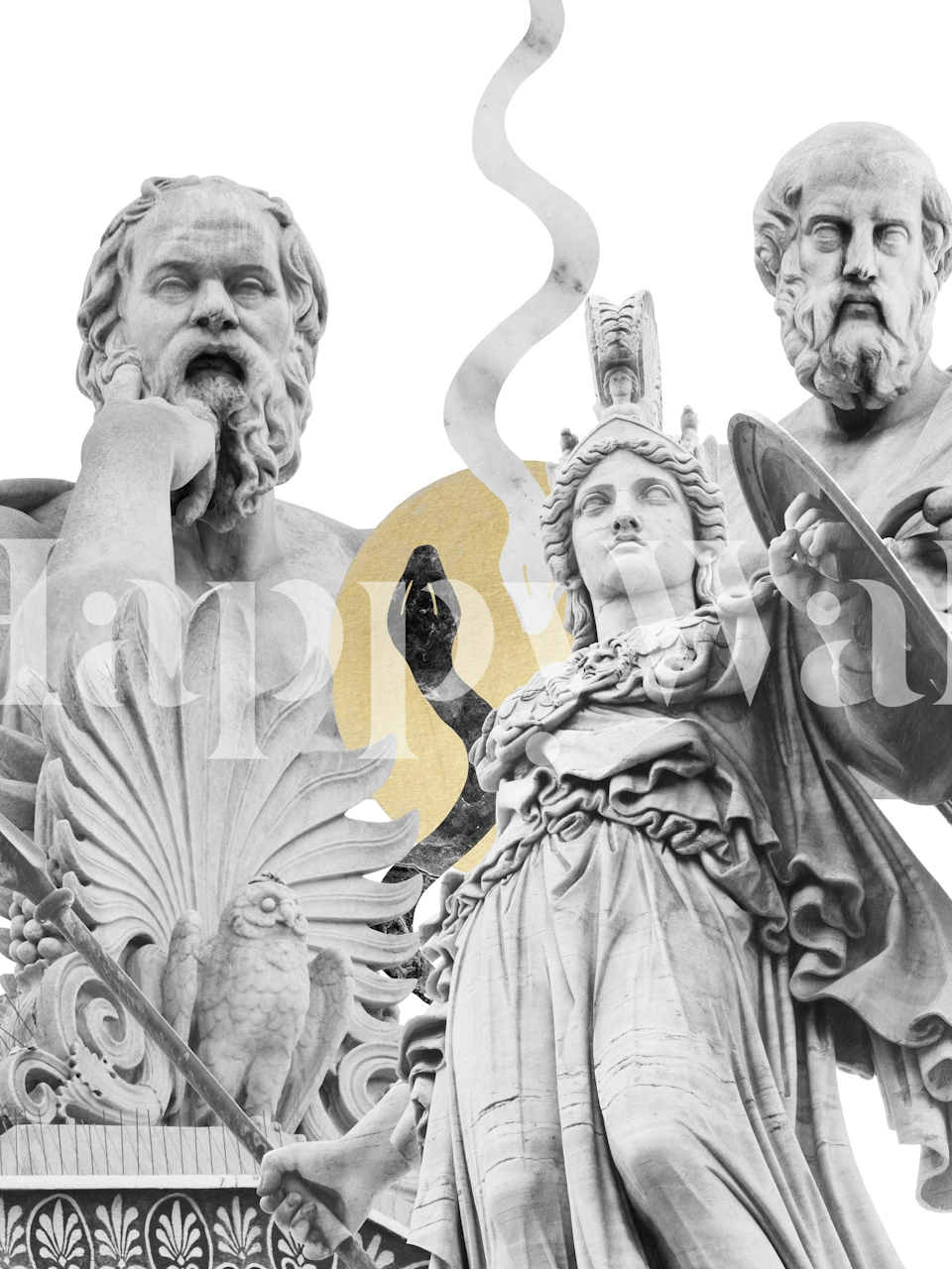 Wandmalerei von Sokrates, Platon und Athena-Statuen im griechisch-römischen Stil mit einem neutralen Hintergrund.