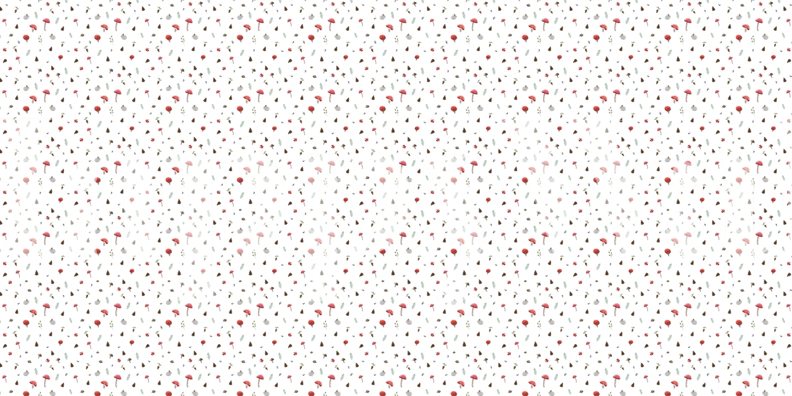 White background with red and brown mushroom pattern wallpaper