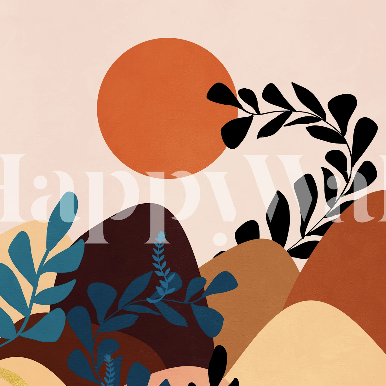 Fotomural vinílico de parede de paisagem tropical abstrata com terracota terrosa, azuis, verdes e um design de sol poente