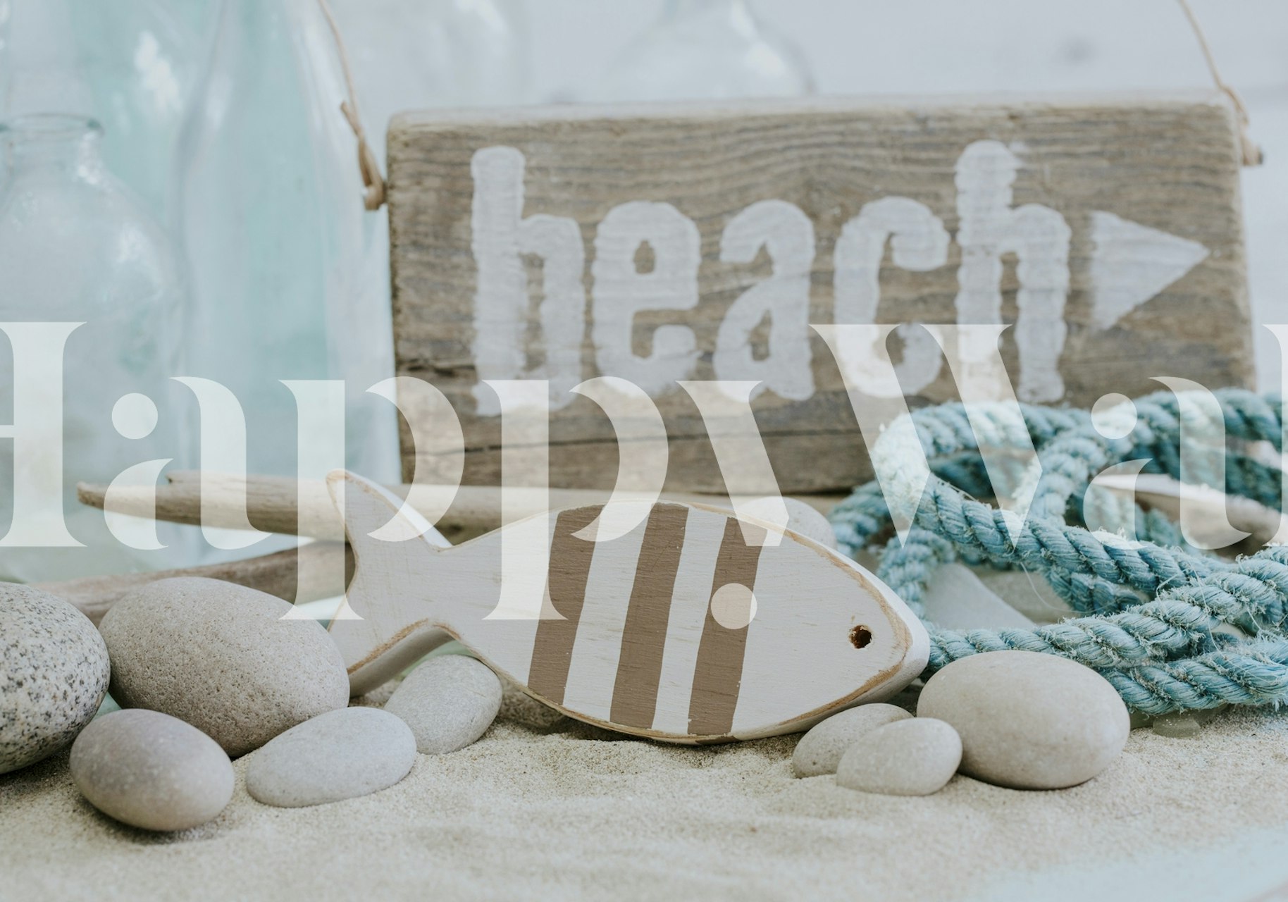 Nautical beach-themed wallpaper with fish, stones, and rope colors, coastal style