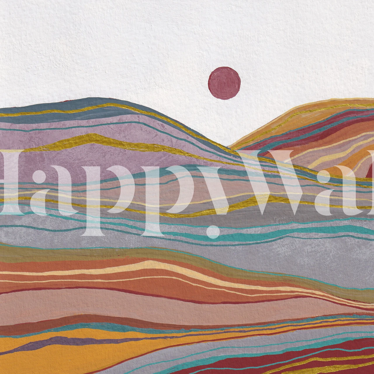 Colorful abstract landscape with waves and sun, retro style wallpaper