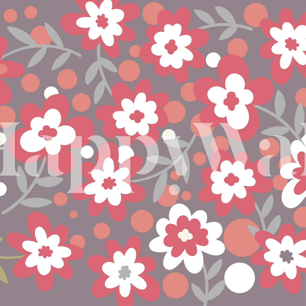 Decorazione murale floreale rosso rubino grigio tortora con motivo di fiori rossi e bianchi e foglie grigie su uno sfondo tenue.