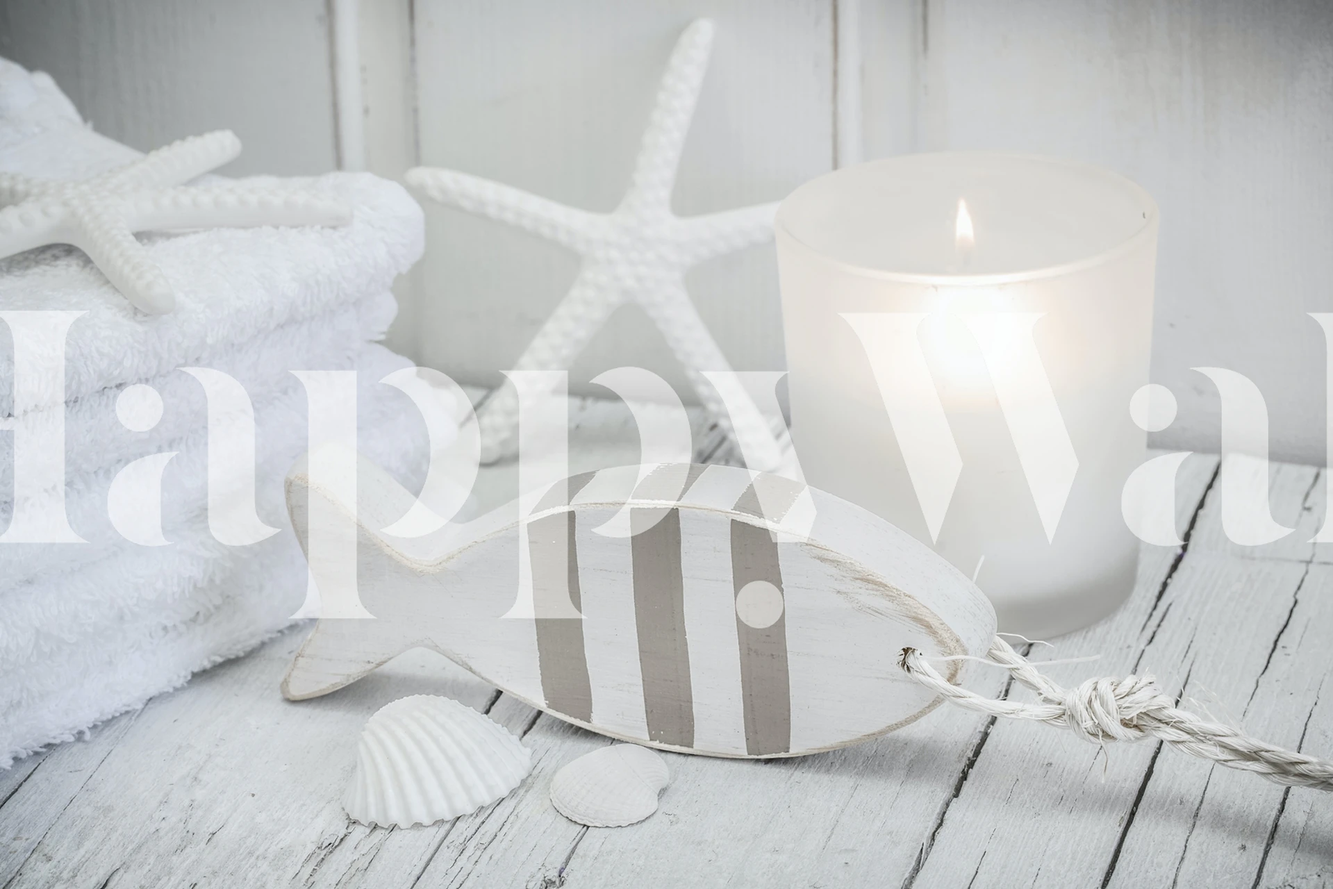 Maritime Spa Still Life-veggmaleri med sjøstjerner, stearinlys og fiskepynt for en beroligende dekor