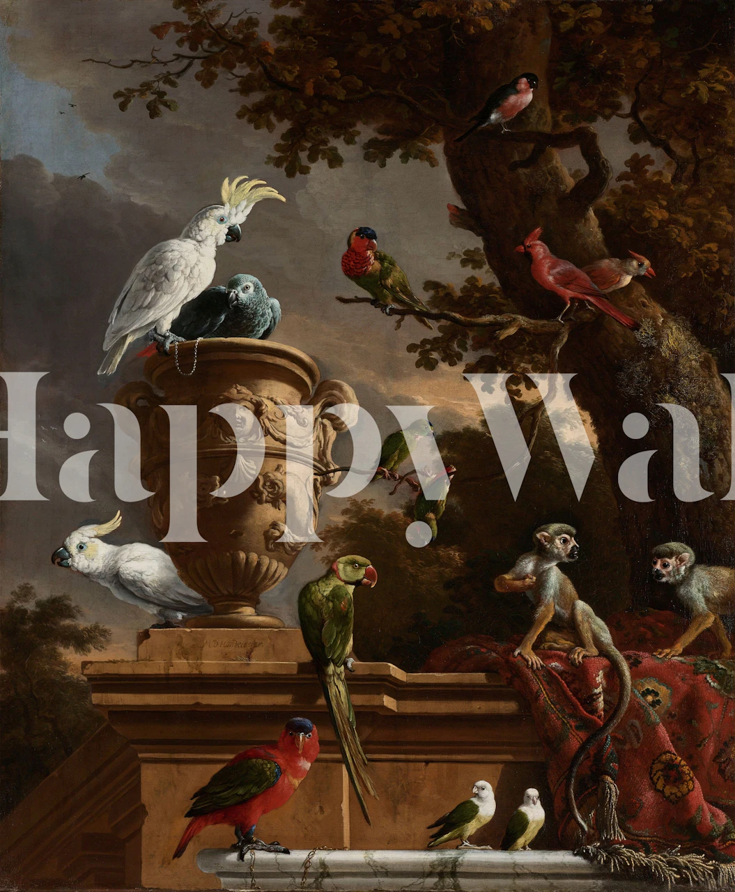 Colorful birds and monkeys in a tropical setting wallpaper