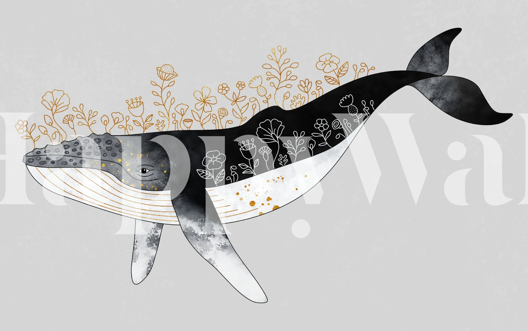 Whale illustration with floral patterns in black and white wallpaper