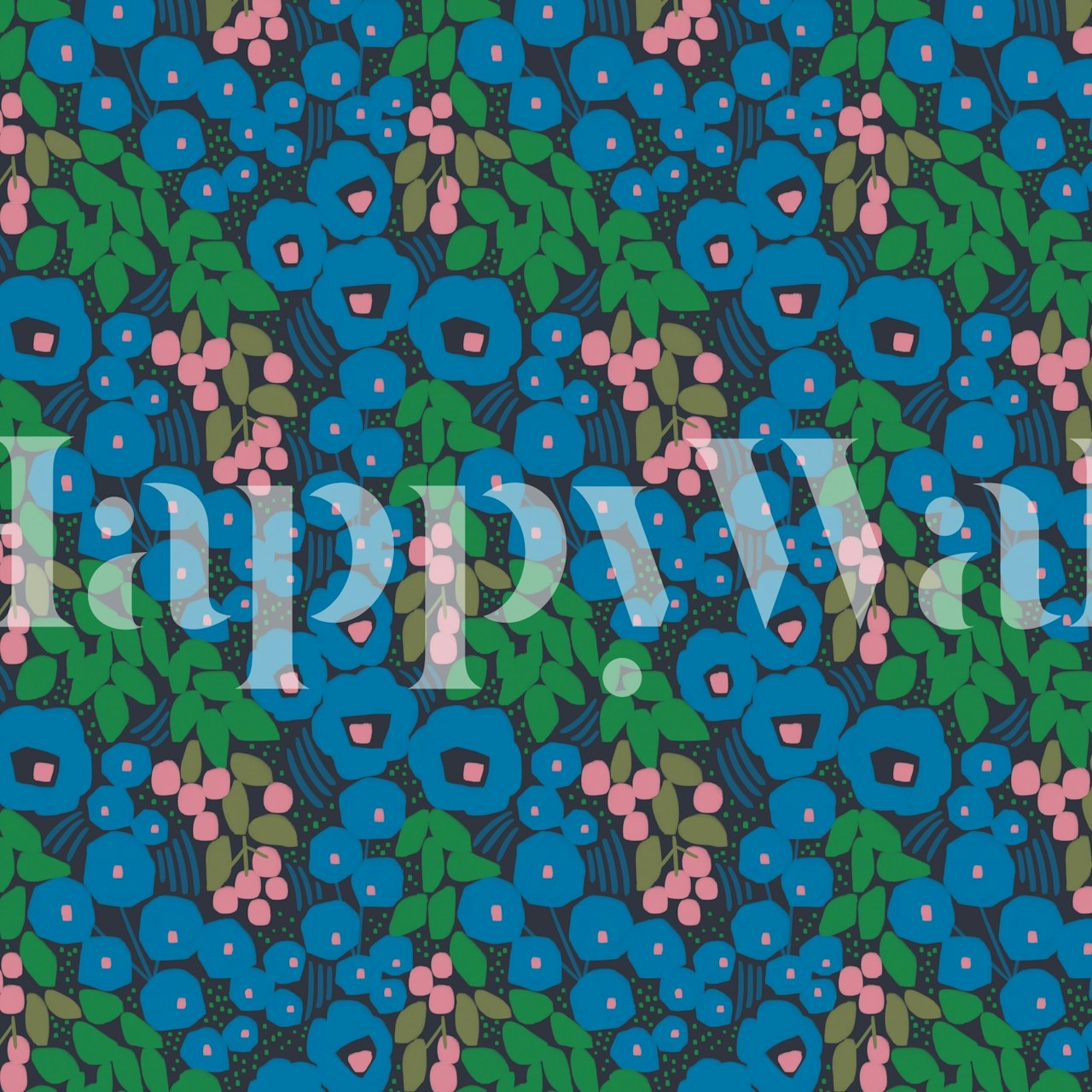 Blue floral pattern with green leaves and pink accents wallpaper