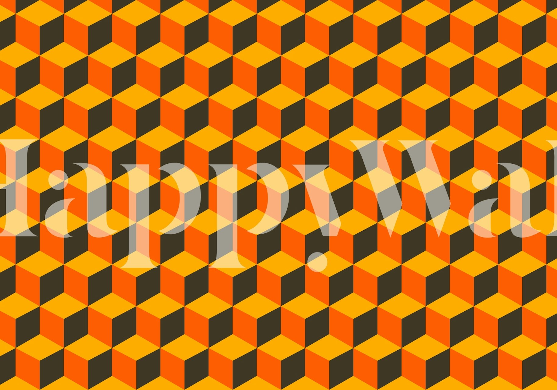 Geometric cube pattern in orange, yellow, and black wallpaper