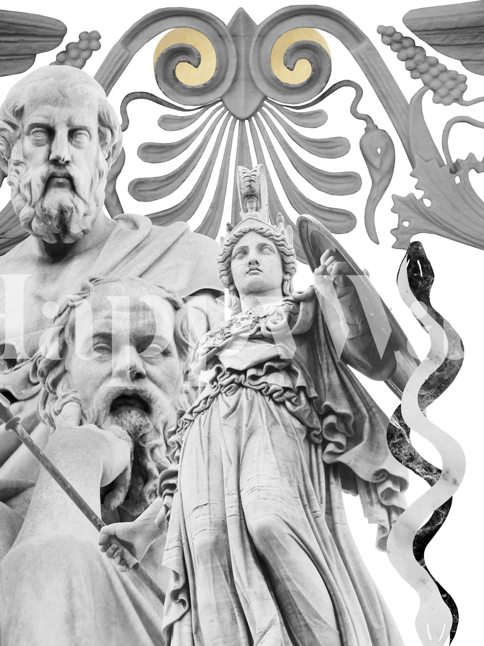 Socrates and Plato with Athena's owl themed wall mural in monochrome shades