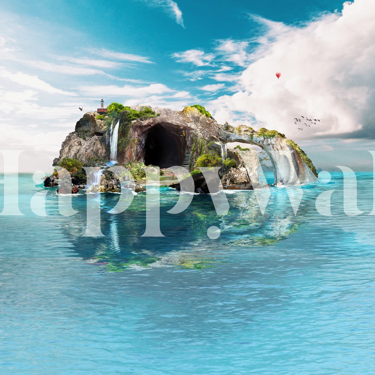 Tropical island with waterfall and blue ocean wallpaper