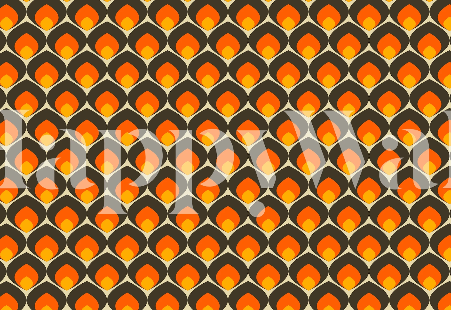 Teardrop patterns in orange, yellow, and brown on a black background wallpaper