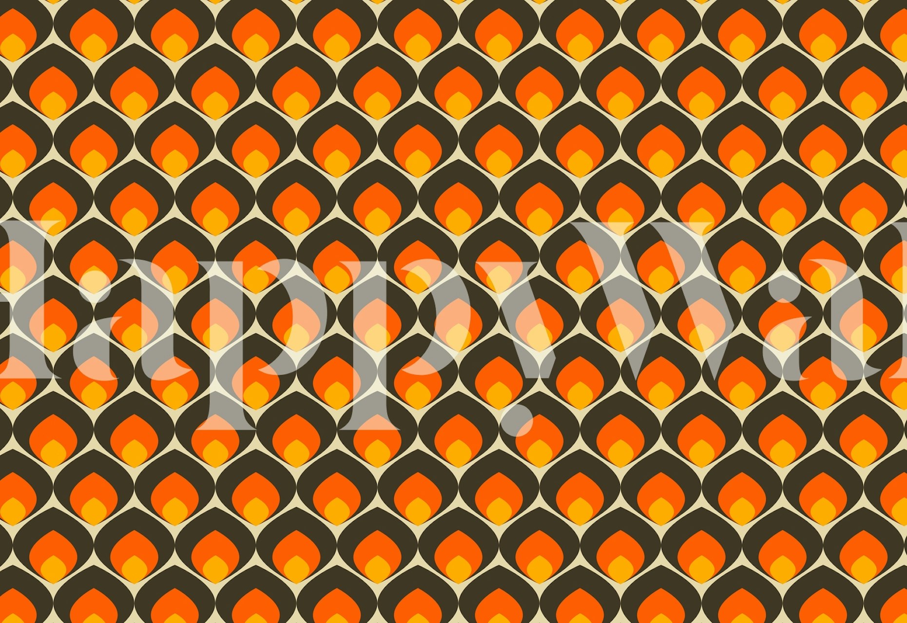 Teardrop patterns in orange, yellow, and brown on a black background wallpaper
